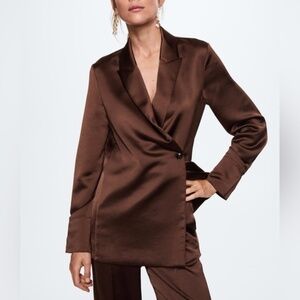 Mango MNG Satin Double Breasted Blazer Chocolate Brown Small NWOT